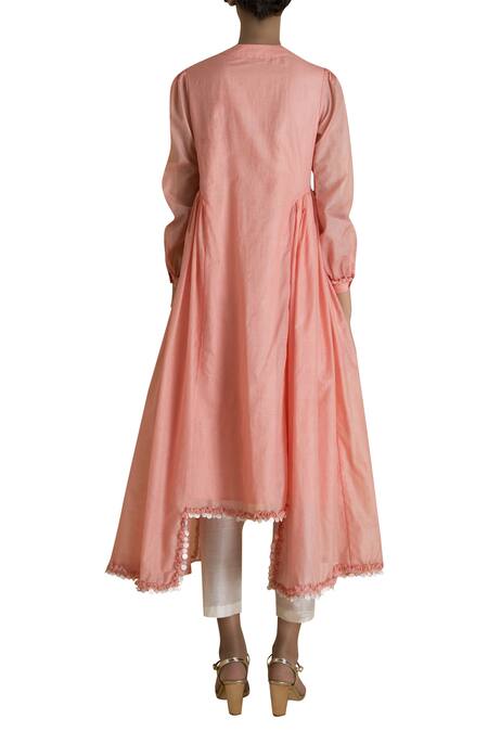 Shop_SAKSHAM & NEHARICKA_Coral Asymmetric Checkered Kurta _at_Aza_Fashions