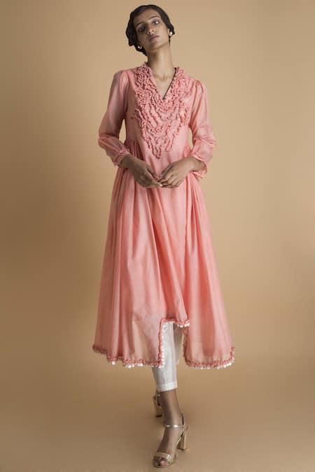 Buy_SAKSHAM & NEHARICKA_Coral Asymmetric Checkered Kurta _Online_at_Aza_Fashions