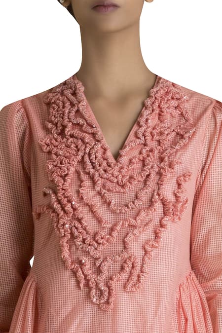 Shop_SAKSHAM & NEHARICKA_Coral Asymmetric Checkered Kurta _Online_at_Aza_Fashions