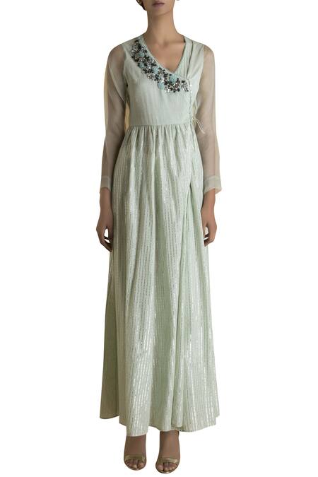 Saksham & Neharicka_Green Embroidered Angrakha Kurta_Online_at_Aza_Fashions