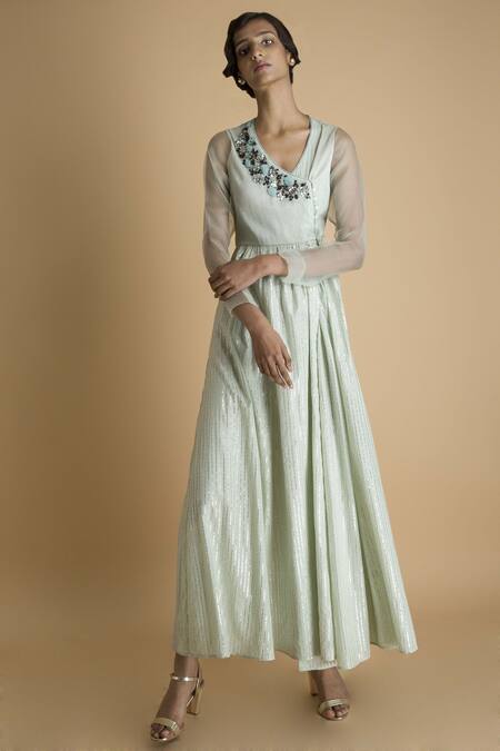 Buy_Saksham & Neharicka_Green Embroidered Angrakha Kurta_Online_at_Aza_Fashions