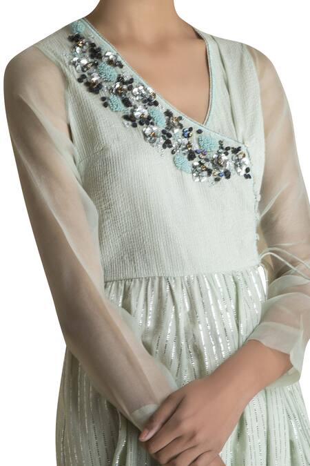 Shop_Saksham & Neharicka_Green Embroidered Angrakha Kurta_Online_at_Aza_Fashions