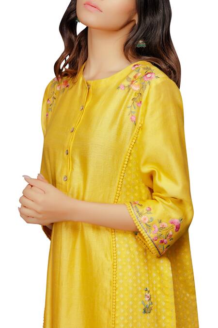 Anju Modi_Yellow Embroidered Chanderi Kurta With Pants_Online_at_Aza_Fashions