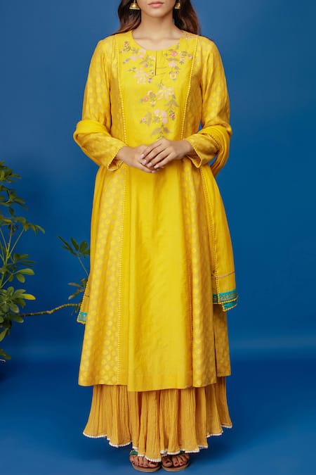 Anju Modi Yellow Banarasi Chanderi Kurta Skirt Set