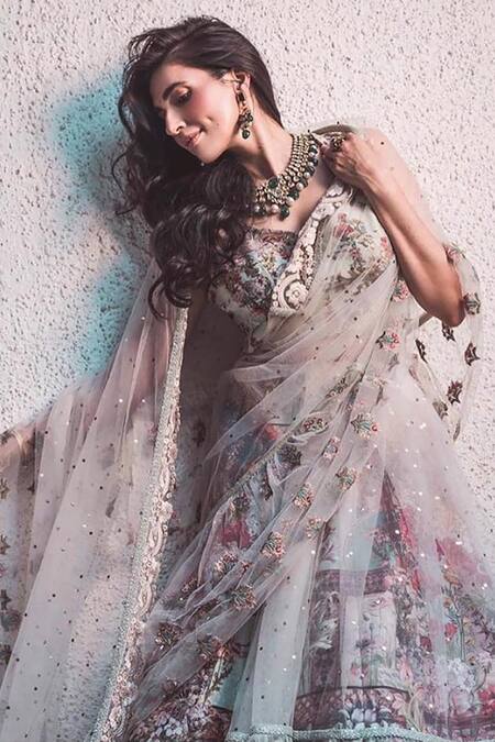 Shop Varun Bahl Green Printed Lehenga Saree With Blouse at Aza Fashions Shop_Varun Bahl_Green Printed Lehenga Saree With Blouse_at_Aza_Fashions