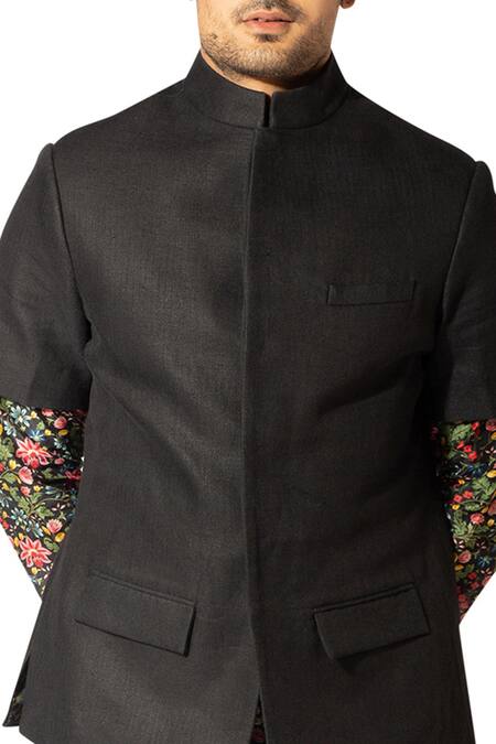 Varun Bahl_Black Suiting Fabric Printed Floral Short Jacket With Kurta Set  _Online_at_Aza_Fashions