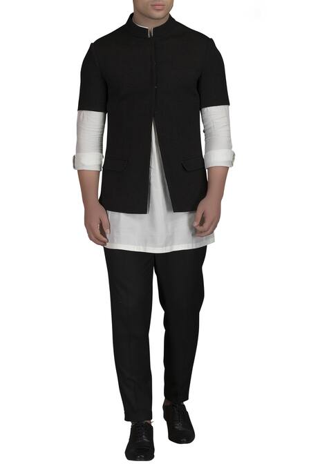 Varun Bahl Black Spun Silk Textured Mandarin Collar Jacket And Kurta Set 