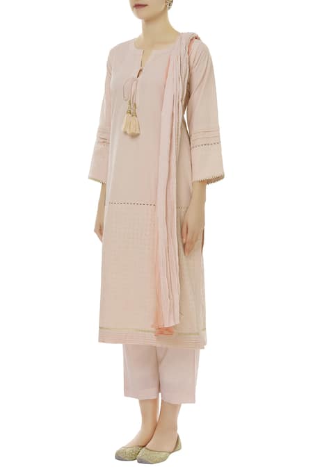 Kisneel By Pam_Pink Dobby Embroidered Kurta Set_Online_at_Aza_Fashions