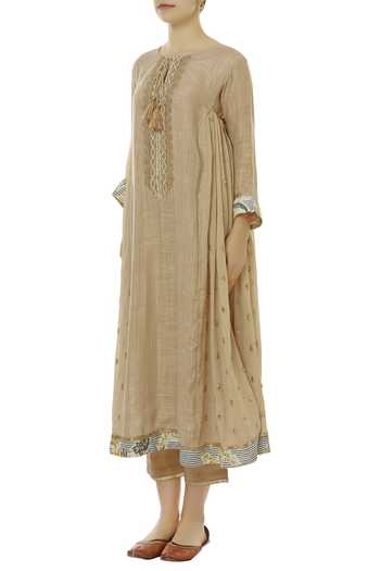 Kisneel By Pam_Beige Cotton Embroidered Kurta Set_Online_at_Aza_Fashions
