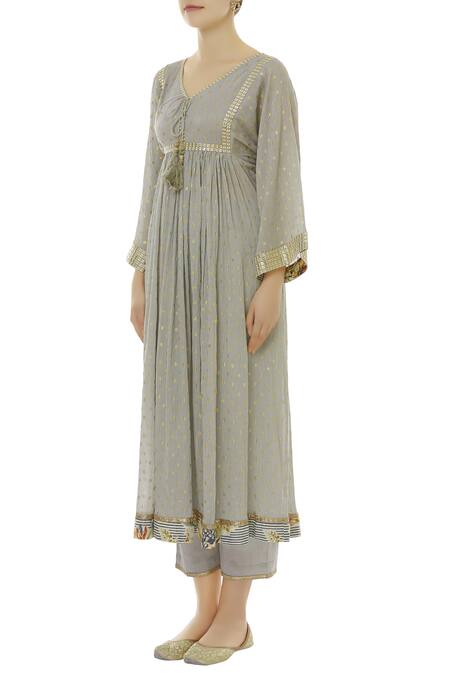 Kisneel By Pam_Grey Cotton Embroidered Kurta Set_Online_at_Aza_Fashions