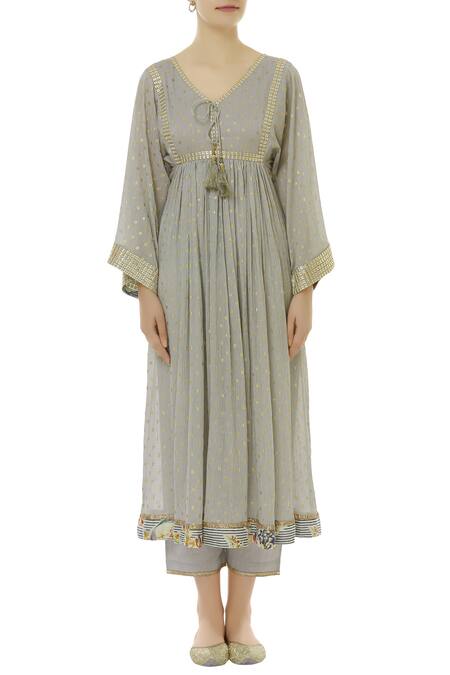 Buy_Kisneel By Pam_Grey Cotton Embroidered Kurta Set_Online_at_Aza_Fashions
