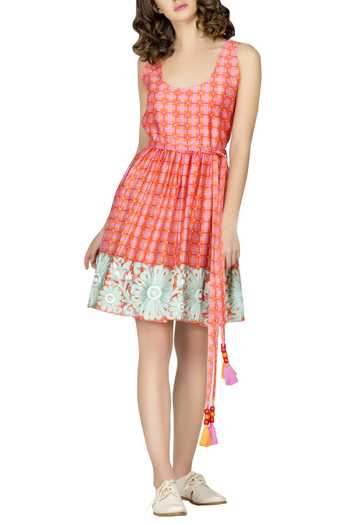 Niki Mahajan_Orange Cotton Silk Printed Flared Dress_Online_at_Aza_Fashions