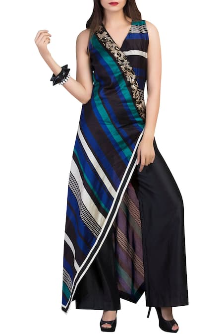Pallavi Jaipur_Black Chanderi V Neck Striped Kurta Pant Set _Online_at_Aza_Fashions