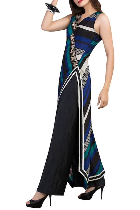 Shop_Pallavi Jaipur_Black Chanderi V Neck Striped Kurta Pant Set _at_Aza_Fashions