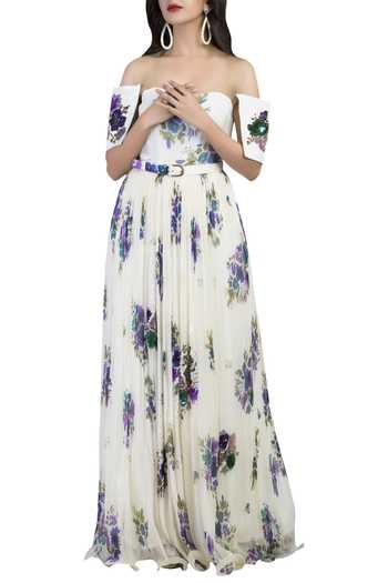 Pallavi Jaipur_Off White Chiffon One Shoulder Printed Gown_Online_at_Aza_Fashions