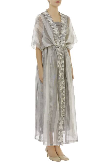 Aalyxir_White Woven Chanderi Dress Square Neckline Jacket With_Online_at_Aza_Fashions