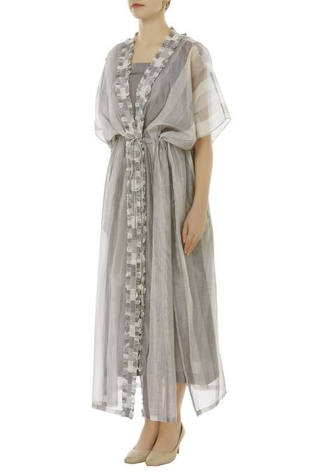 Buy_Aalyxir_White Woven Chanderi Dress Square Neckline Jacket With_Online_at_Aza_Fashions