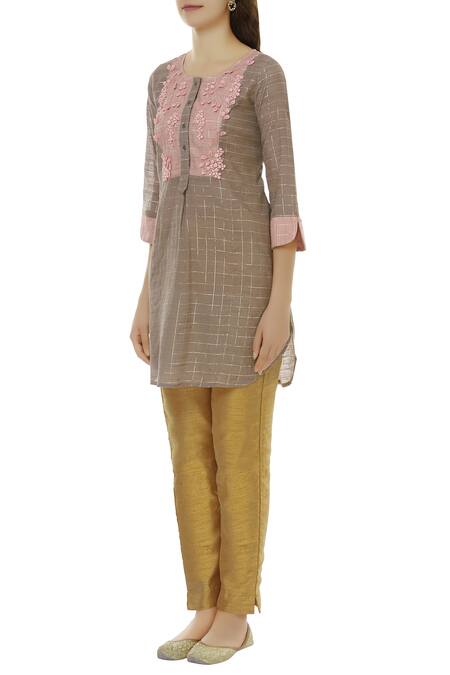 Buy_Aalyxir_Brown Woven Chanderi Round Neck Checkered Tunic_Online_at_Aza_Fashions