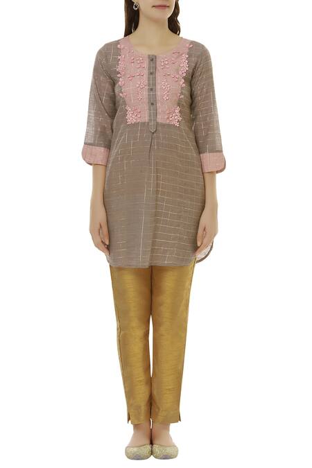 Shop_Aalyxir_Brown Woven Chanderi Round Neck Checkered Tunic_Online_at_Aza_Fashions