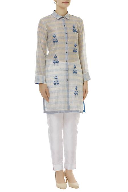 Aalyxir_White Woven Chanderi Shirt Collar Checkered Tunic_Online_at_Aza_Fashions