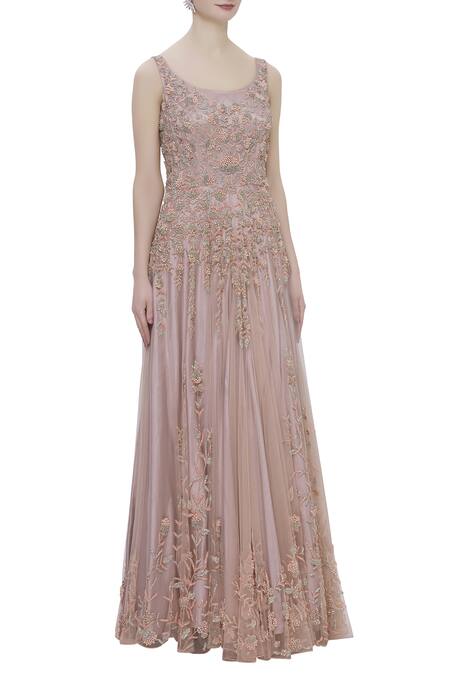 Sonal & Ekta_Purple Net Round Embellished Flared Gown  _Online_at_Aza_Fashions