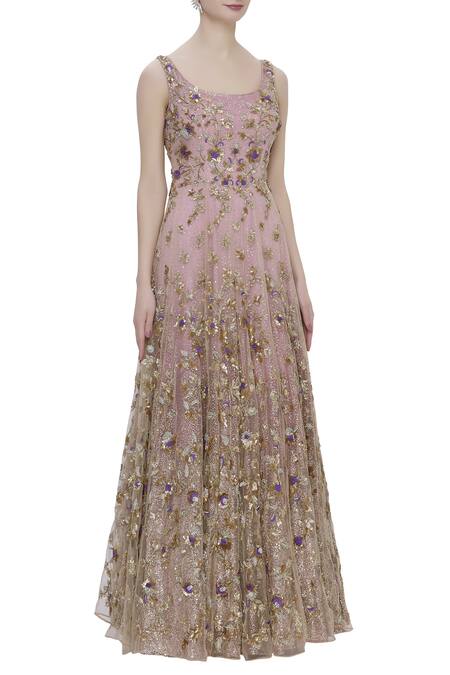 Sonal & Ekta_Purple Net Round Embellished Flared Gown  _Online_at_Aza_Fashions