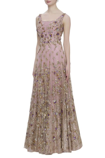 Buy_Sonal & Ekta_Purple Net Round Embellished Flared Gown  _Online_at_Aza_Fashions