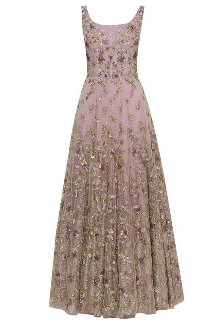 Shop_Sonal & Ekta_Purple Net Round Embellished Flared Gown  _Online_at_Aza_Fashions