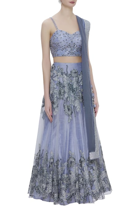Sonal & Ekta_Blue Net Sweetheart Neck Embellished Lehenga Set _Online_at_Aza_Fashions