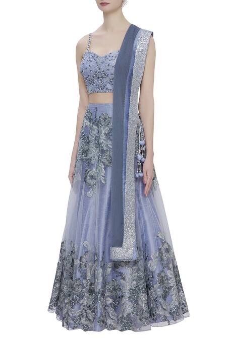 Buy_Sonal & Ekta_Blue Net Sweetheart Neck Embellished Lehenga Set _Online_at_Aza_Fashions