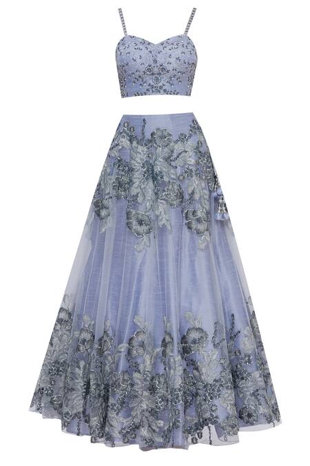 Shop_Sonal & Ekta_Blue Net Sweetheart Neck Embellished Lehenga Set _Online_at_Aza_Fashions