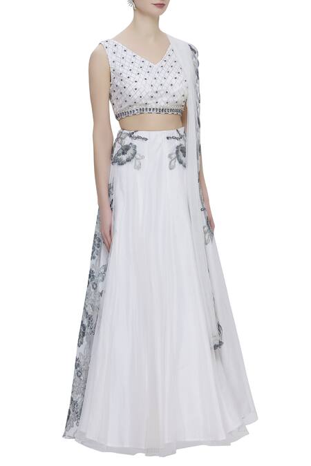 Sonal & Ekta_White Net V Neck Embellished Lehenga Set _Online_at_Aza_Fashions