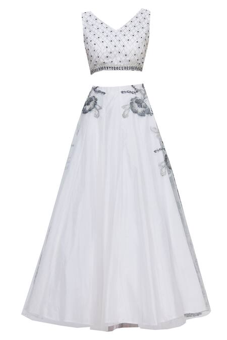 Shop_Sonal & Ekta_White Net V Neck Embellished Lehenga Set _Online_at_Aza_Fashions