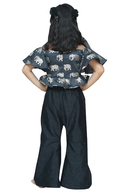 Buy_Kirti Agarwal - Pret N Couture_Black Cotton Satin, Linen, Cotton, Silk Foil Print Top With Pant And Skirt Set_Online_at_Aza_Fashions