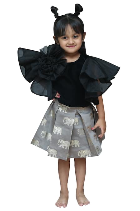 Kirti Agarwal - Pret N Couture_Black Velvet, Organza, Linen Foil Printing Printed Skirt Set With Frill Sleeves_Online_at_Aza_Fashions