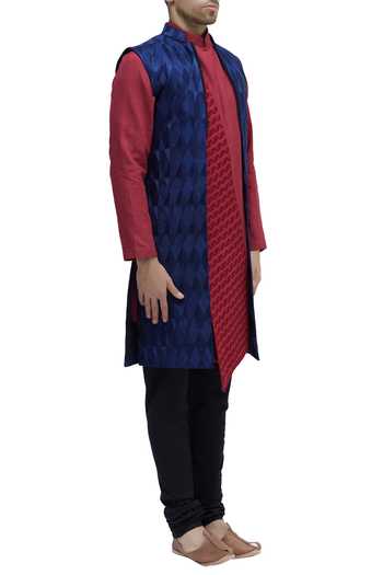 Paresh Lamba Signatures_Blue Textured Long Jacket_Online_at_Aza_Fashions