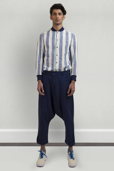 Buy_Vaibhav Singh_Blue Drop Waist Cotton Trouser Pant_Online_at_Aza_Fashions