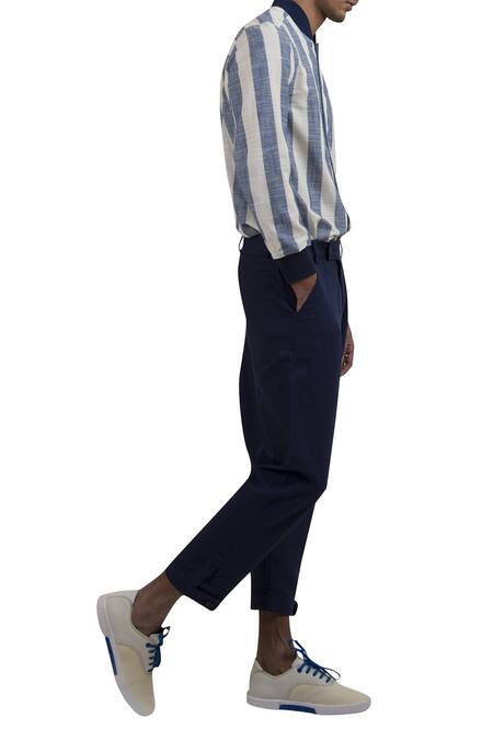 Shop_Vaibhav Singh_Blue Drop Waist Cotton Trouser Pant_Online_at_Aza_Fashions