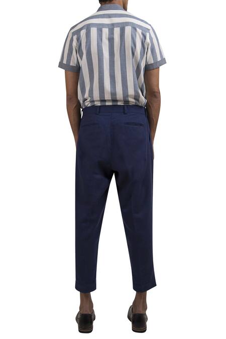 Shop Vaibhav Singh Blue Cotton Stripe Print Shirt at Aza Fashions Shop_Vaibhav Singh_Blue Cotton Stripe Print Shirt_at_Aza_Fashions