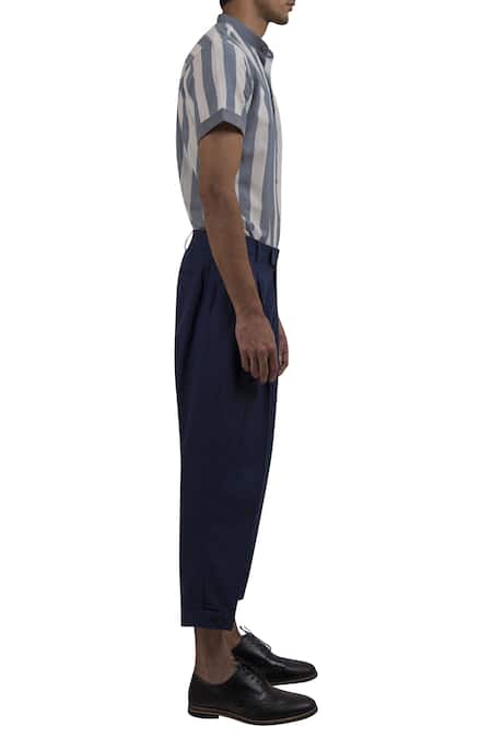 Vaibhav Singh Blue Cotton Stripe Print Shirt Online at Aza Fashions Vaibhav Singh_Blue Cotton Stripe Print Shirt_Online_at_Aza_Fashions