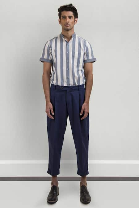 Buy Vaibhav Singh Blue Cotton Stripe Print Shirt Online at Aza Fashions Buy_Vaibhav Singh_Blue Cotton Stripe Print Shirt_Online_at_Aza_Fashions