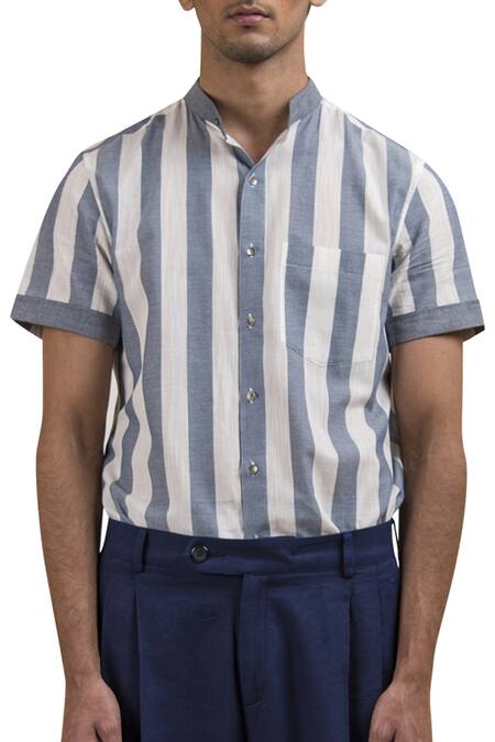 Shop Vaibhav Singh Blue Cotton Stripe Print Shirt Online at Aza Fashions Shop_Vaibhav Singh_Blue Cotton Stripe Print Shirt_Online_at_Aza_Fashions