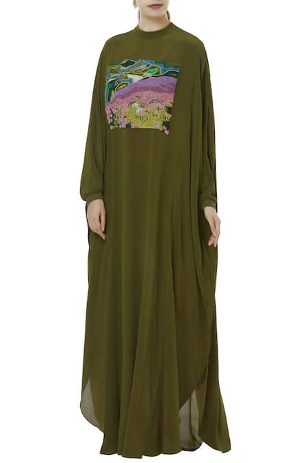 Huemn Green Silk Crepe Round Kaftan Gown 