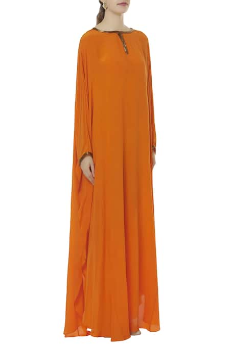 Huemn_Orange Silk Crepe Round Embellished Kaftan Gown_Online_at_Aza_Fashions