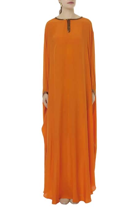 Buy_Huemn_Orange Silk Crepe Round Embellished Kaftan Gown_Online_at_Aza_Fashions