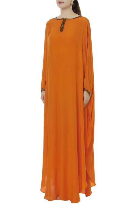 Shop_Huemn_Orange Silk Crepe Round Embellished Kaftan Gown_Online_at_Aza_Fashions