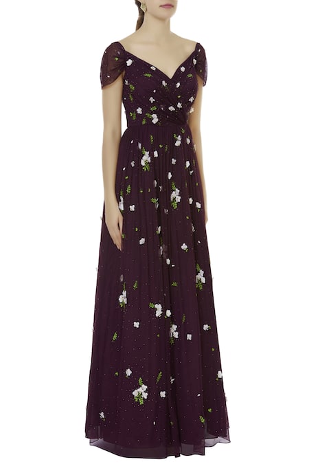 Huemn_Purple Soft Net V Neck Embroidered Maxi Dress_Online_at_Aza_Fashions