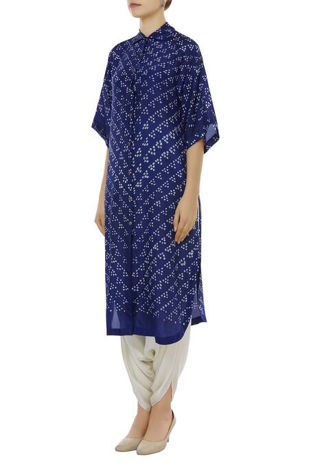 Nupur Kanoi_Blue Satin Bandhani Kurta With Dhoti Pants_Online_at_Aza_Fashions