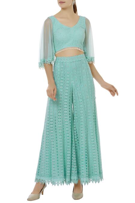 Vandana Sethi Blue Net Chikankari Crop Top Palazzo Set