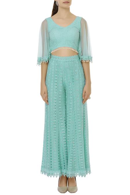 Buy_Vandana Sethi_Blue Net Chikankari Crop Top Palazzo Set_Online_at_Aza_Fashions